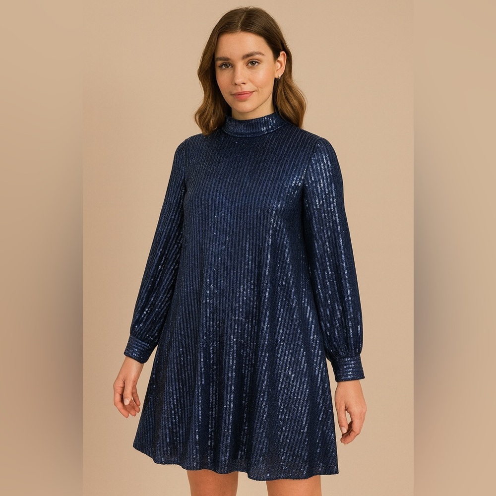 Chi Chi London Navy Blue Sequin Shift Dress Mock Neck Special Occasion Size 10